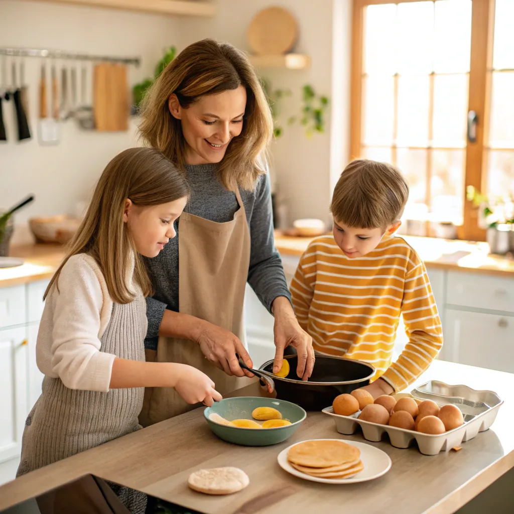 Family learning breakfast cooking skills