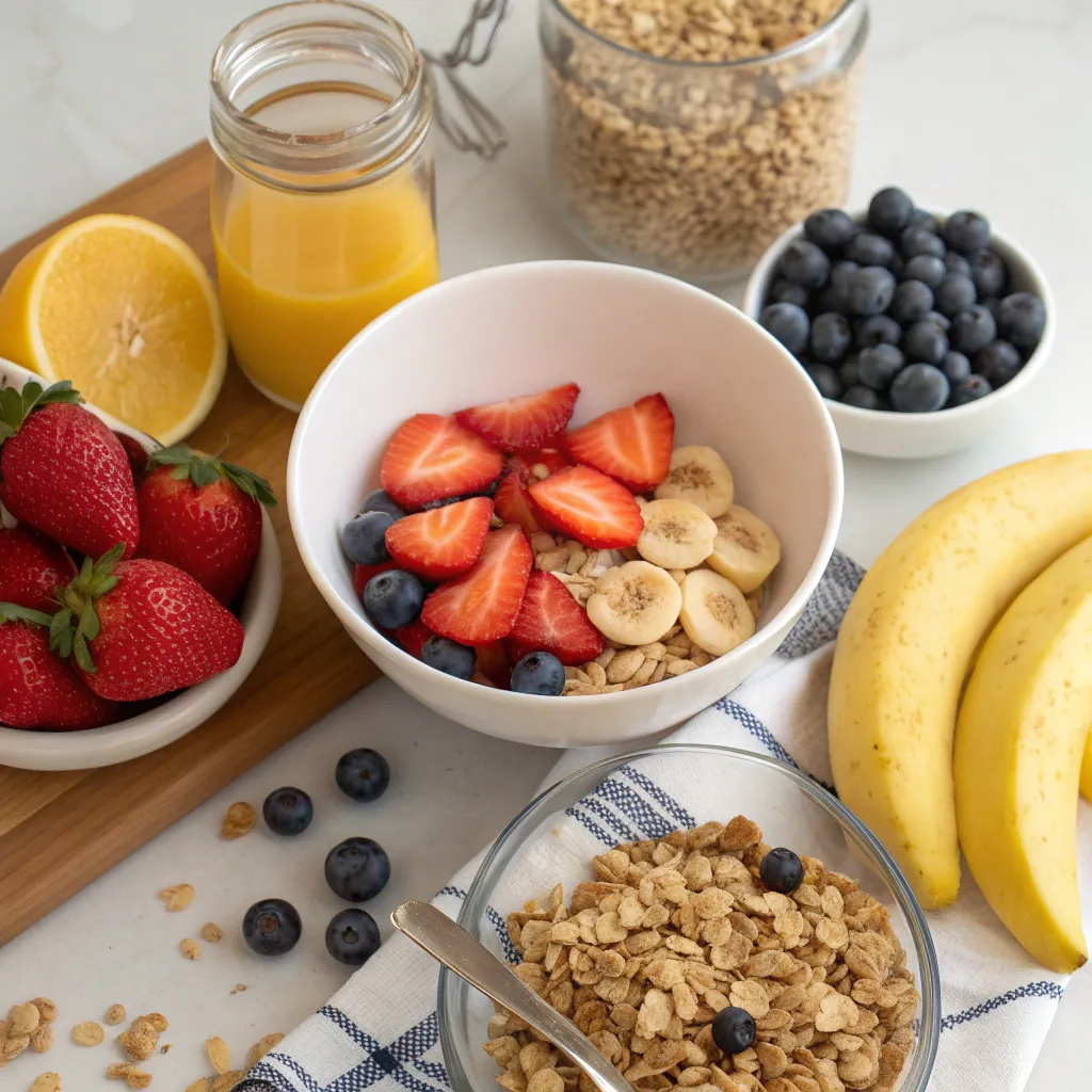 Healthy breakfast spread with fruits and cereals